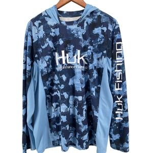 Huk Performance Fishing Hoodie Mens XL Blue Camo Long Sleeve Sun Shirt